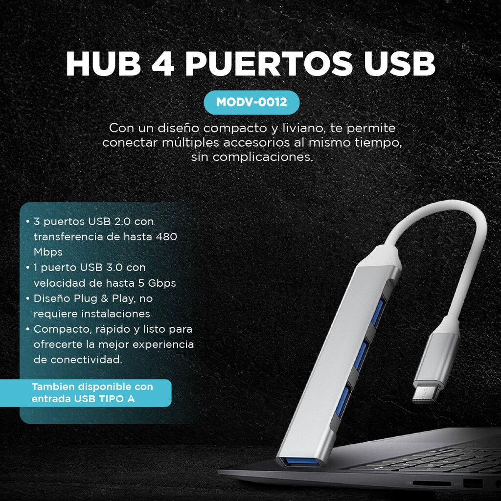 HUB DE PUERTOS 4 BOCAS C/CABLE TIPO C MODV-0012 - VARIOS - PLATEADO - Imagen 5