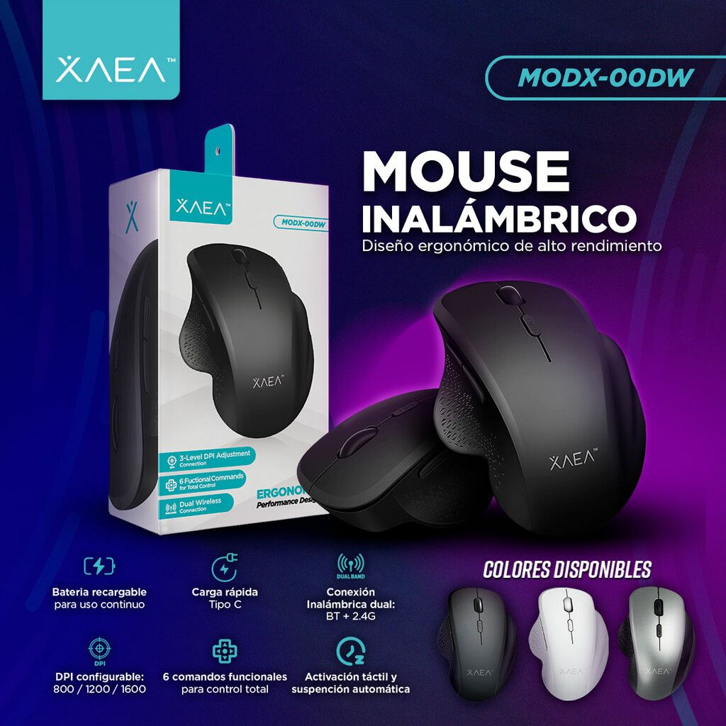 MOUSE ERGONOMICO INALAMBRICO + BT RECARGABLE MODX-00DW - XAEA - BLANCO - Imagen 5